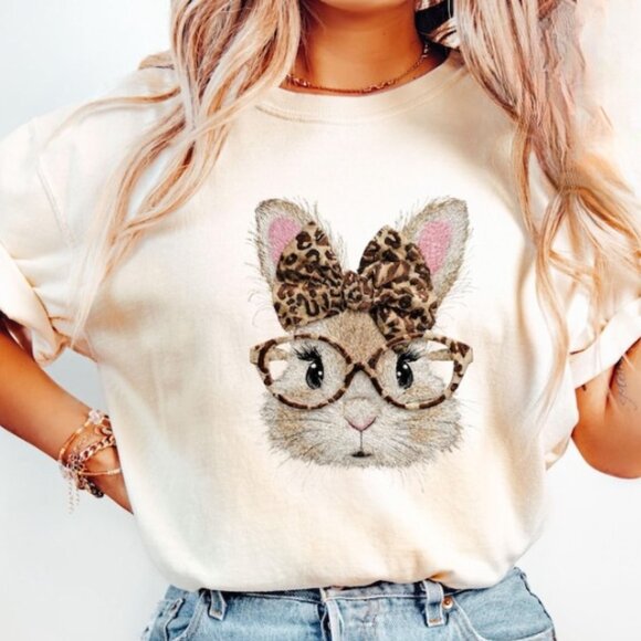 Tops - Easter Day Shirt, Leopard Glasses Rabbit Shirt